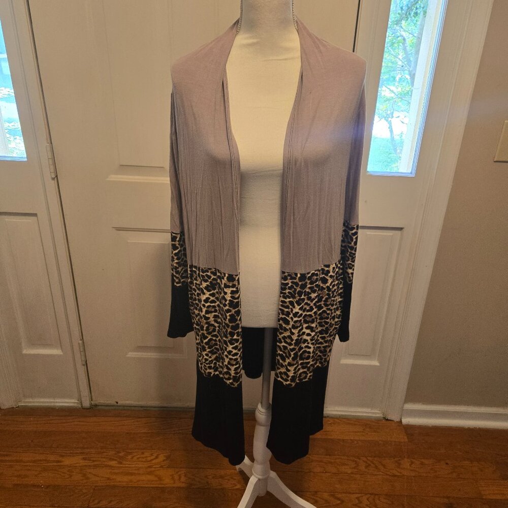 Celeste L kimono in hues of tan, leopard, & black